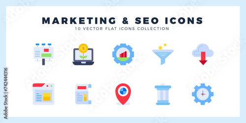 10 Marketing and Seo Flat icon pack. vector illustration.