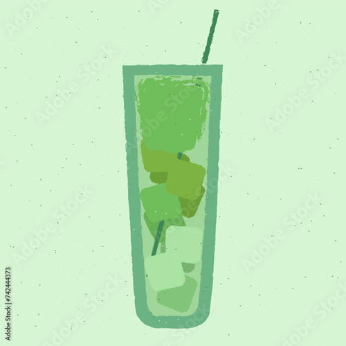 Green cocktail with greens and ice cubes. Smoothie in high glass. Whipped food. Alcohol drink for bar. Cold soft liquid in tall glass. Non-alcoholic beverage. Flat vector illustration with texture