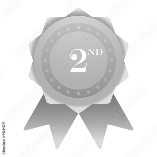 Silver medal with ribbons for winners. Prizes, competitions, badge, win, sports, Olympics, honorable first place, second, third, stars, award, trophy, nomination. Vector illustration