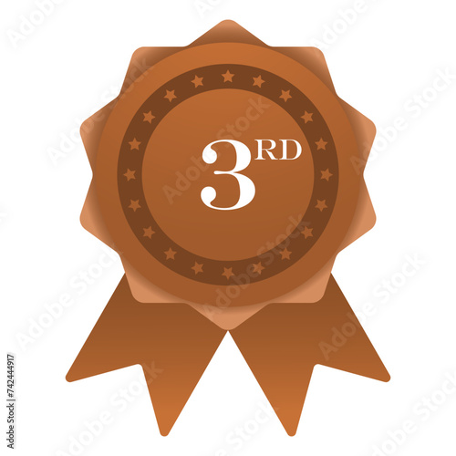 Bronze medal with ribbons for winners. Prizes, competitions, badge, win, sports, Olympics, honorable first place, second, third, stars, award, trophy, nomination. Vector illustration