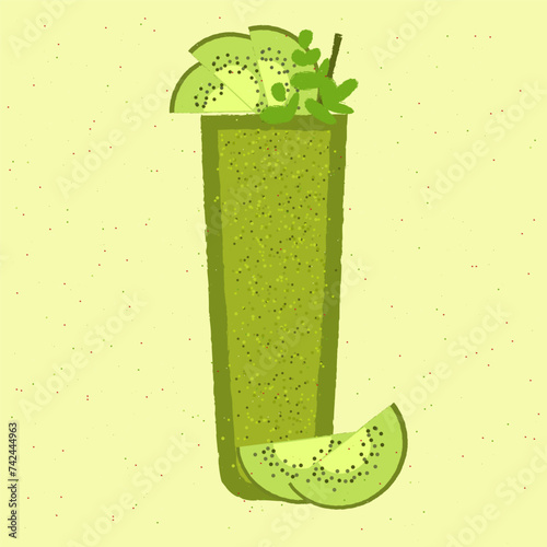 Green cocktail with kiwi and leaf. Fruit smoothie. Sage romance. Alcohol drink for bar. Cold soft liquid in tall glass. High glass. Non-alcoholic beverage. Flat vector illustration with texture