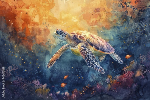 Coral reef life, turtle shadow through watercolors, underwater mosaic