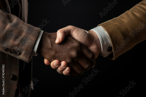 Two hands engaged in a firm handshake, symbolizing diversity and partnership, isolated on black..