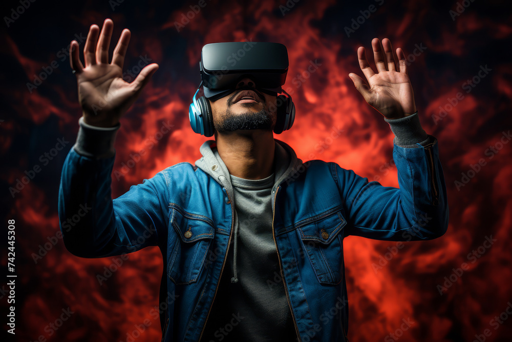 A man wearing a VR headset is immersed in a virtual explosion of lights and colors, expressing amazement.. A man wearing a VR headset is immersed in a virtual explosion of lights and colors, expressing amazement..