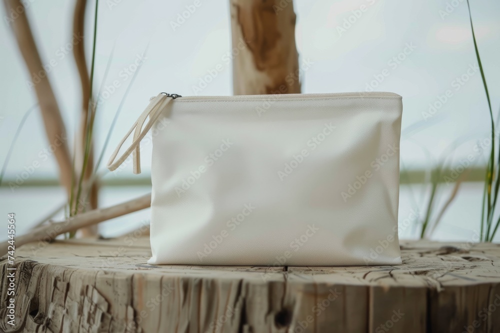 Obraz premium white makeup bag decorated with a black floral design rests on a moss-covered tree trunk dappled with sunlight