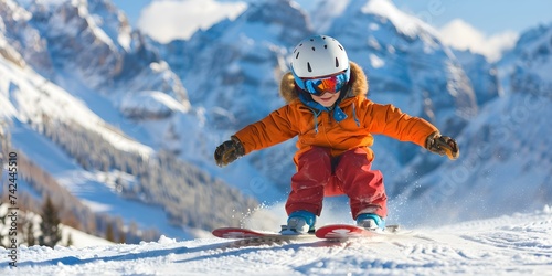 A young child having fun snowboarding down a snowy mountain slope. Concept Winter Sports, Snowboarding, Outdoor Activities, Child's Play, Mountain Adventure photo