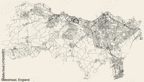 Detailed hand-drawn navigational urban street roads map of the United Kingdom city township of GATESHEAD, ENGLAND with vivid road lines and name tag on solid background