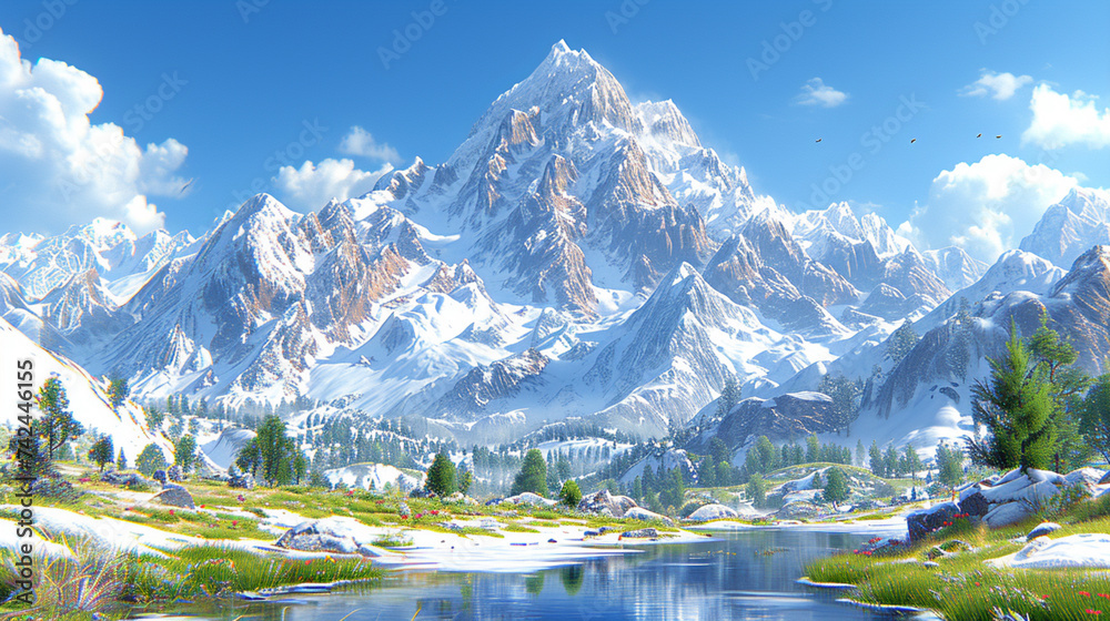 Mountain landscape with snow and clear blue sky. Panoramic view