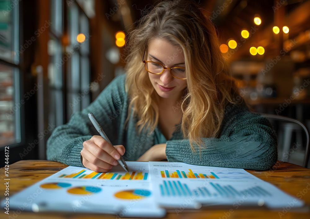 Fototapeta premium Businesswoman working on chart sheets and showing her confident, business and cooperation concepts.
