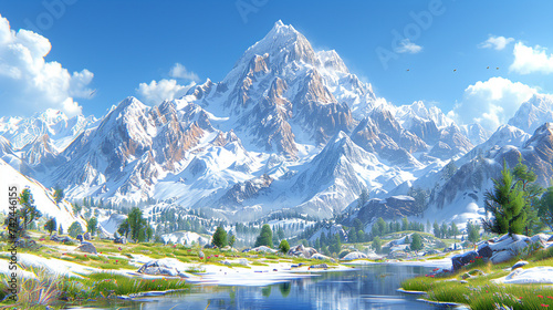 Mountain landscape with snow and clear blue sky. Panoramic view