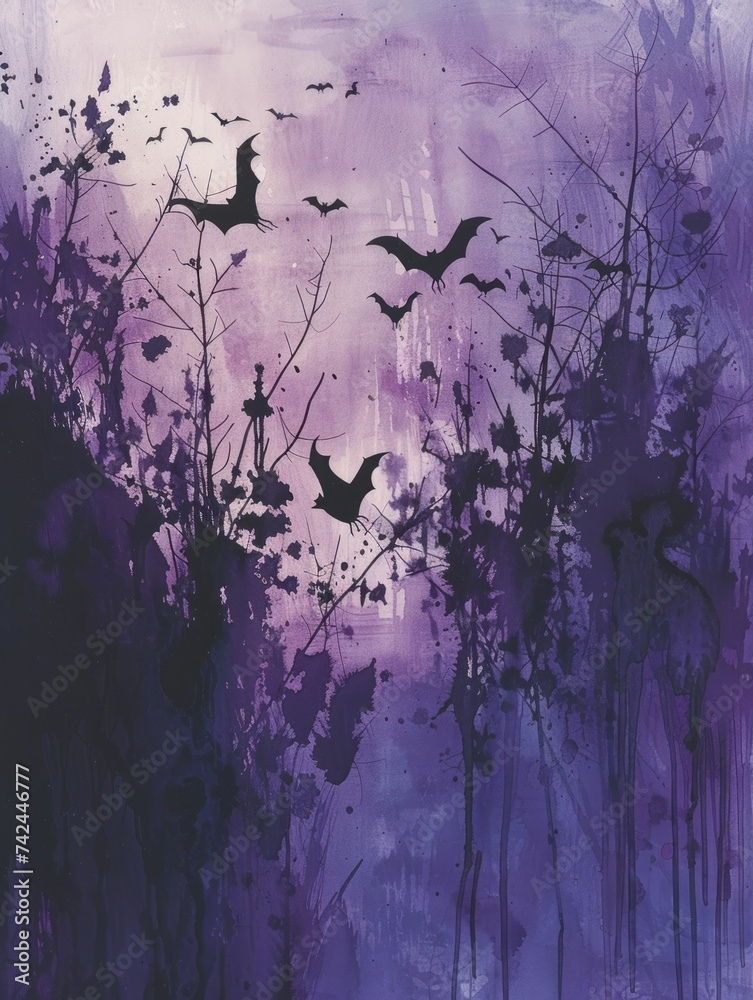 Night's embrace, bat silhouettes against twilight, watercolor whispers of dusk
