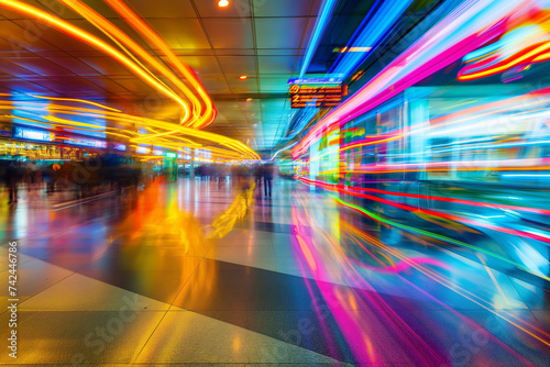 Colorful long exposure shot capturing the dynamic movement of lights in a busy transportation center. Vibrant long exposure of bustling city transit hub