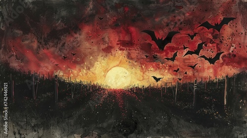Harvest under dusky sky, nightfall over vineyards with bat silhouettes in watercolor