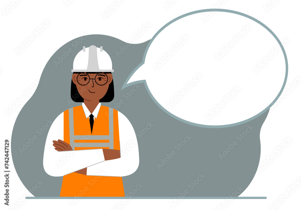 A female builder in a white helmet and vest, next to a white bubble of thoughts. Plans, thoughts, places, strategies.