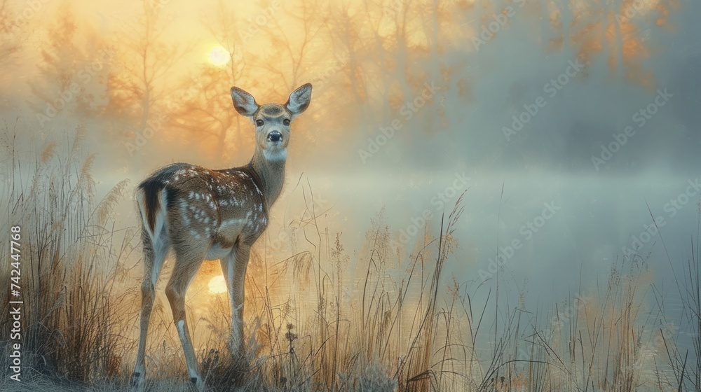 Obraz premium Dawn over spring meadow, silhouette of deer in morning mist, awakening in watercolor