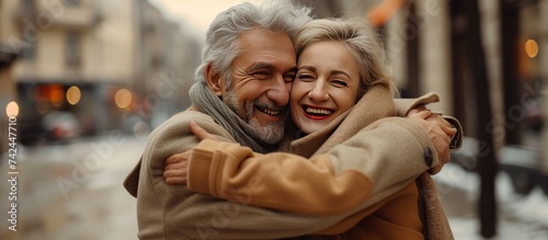 portrait of happy senior man hugging pleased wife. cheerful man with beard hugging senior wife in trench coat outside, Generative AI