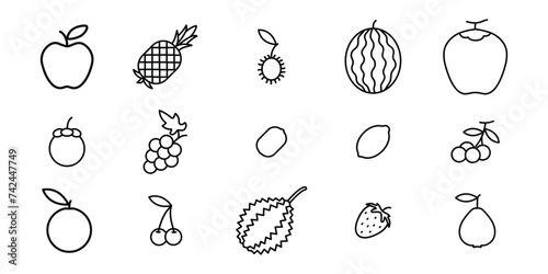 Icons of fruits on white background. Graphics for decorative and logo design. Popular seasonal tropical fruits.
