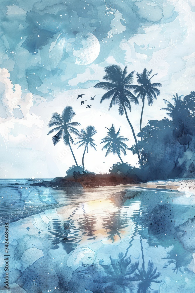 Fototapeta premium Lagoon in tropics, silhouette of fish in clear waters, paradise in watercolor