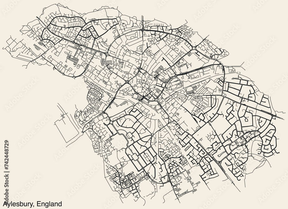 Detailed hand-drawn navigational urban street roads map of the United Kingdom city township of AYLESBURY, ENGLAND with vivid road lines and name tag on solid background