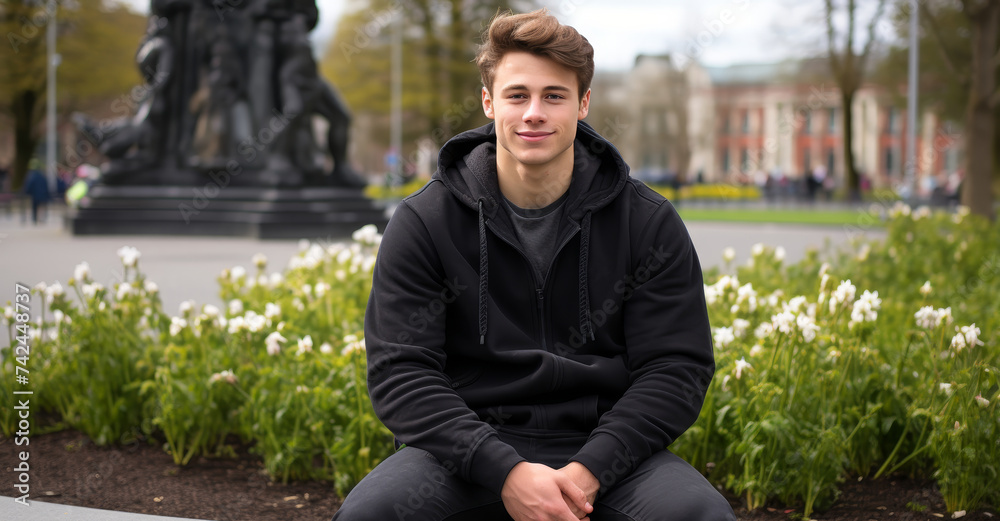 Cheerful young man in sportswear enjoying outdoors in spring park with ample space for text Cheerful young man in sportswear enjoying outdoors in spring park with ample space for text