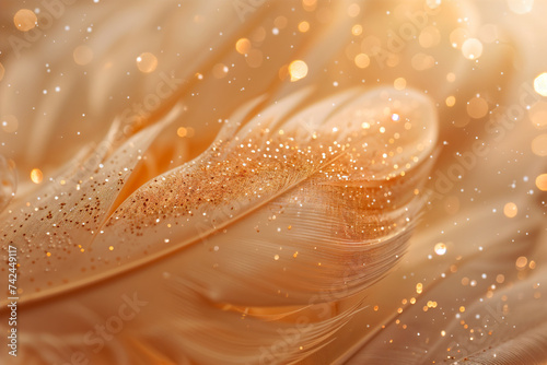 Close-up of a golden feather with glittering dust particles blurry background
