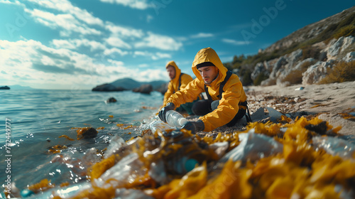 Two men in yellow jackets sitting on a beach admiring seaweed by the water