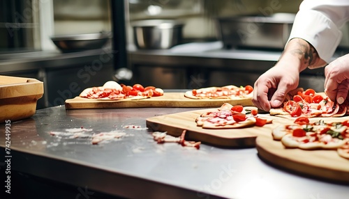 Chef cuts freshly prepared pizza slices