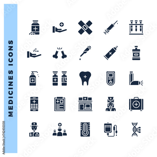 25 Medicines Glyph icons pack. vector illustration.