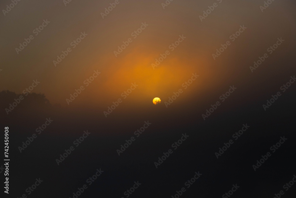 Panorama of beautiful misty lake coast at sunrise moment.