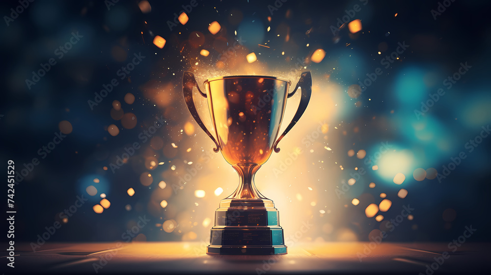 Golden trophy winner cup with blurred background and copy space