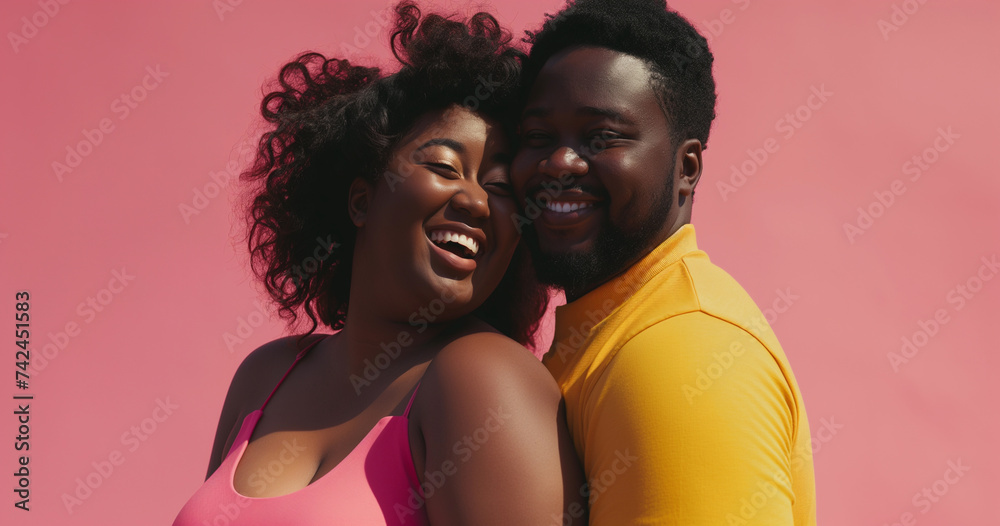 Obraz premium Young black couple in love, man and woman smiling and laughing, pink background