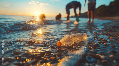 A plastic bottle drifts in the water on the beach under the morning sunlight