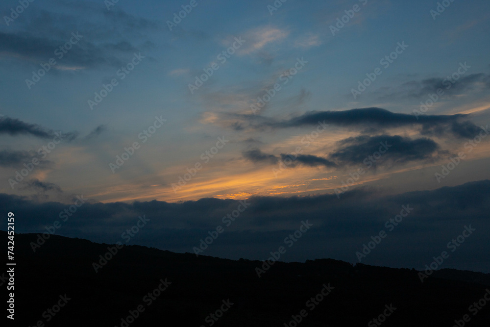 Mountain valley during sunrise. Natural summer landscape