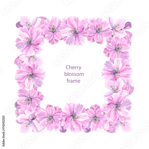 Spring sakura cherry blooming flowers square frame. Watercolour flower decor hand drawn illustration. Seasonal. Painted botanical floral elements. Isolated background. Greeting cards  banner