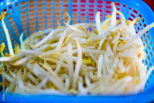 Raw bean sprouts in a blue basket photo