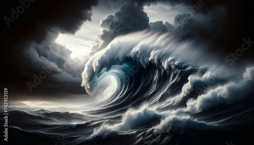 A massive wave curls powerfully against a stormy sky, illustrating the raw force of nature in a dramatic and awe-inspiring oceanic scene.AI generated.