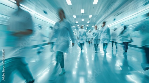 A lively scene of hospital staff moving about in a busy environment. Concept of Urgent Medical Care. photo