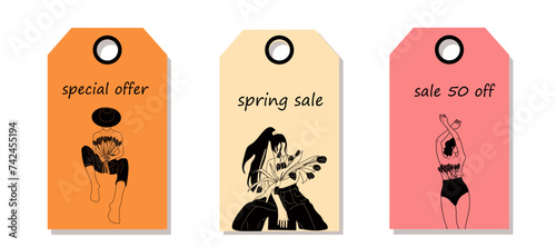 Vector set of discount price tags. Labels with  Nude woman with flowers growing from chest. Spring sale.