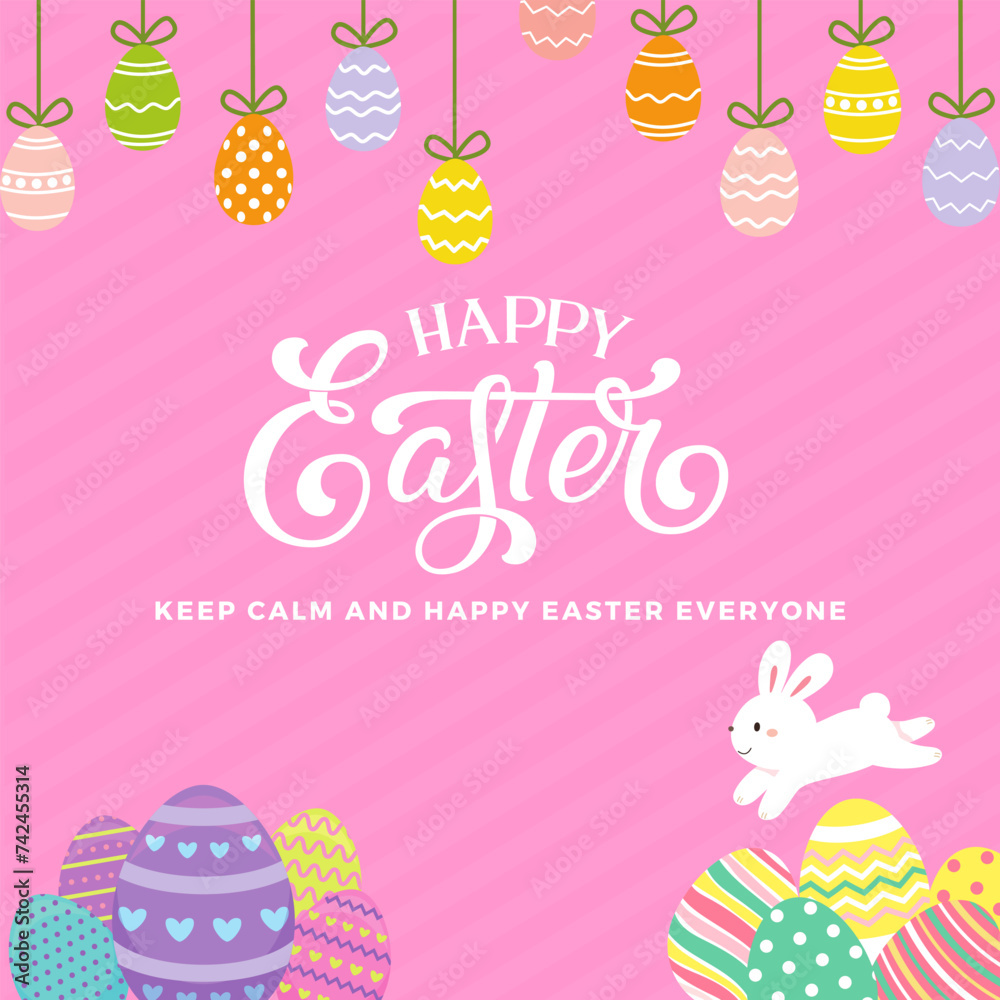 Colorful Happy Easter with eggs,  rabbit, bunny and text. Modern minimal style. Trendy Easter design with typography. For poster, greeting card, header for website