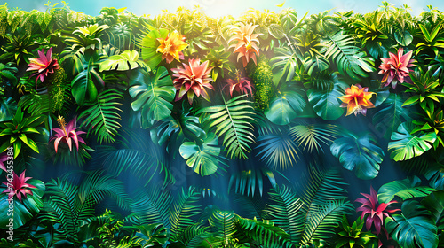 Sunlit Tropical Rainforest, Exotic Jungle Foliage, Bright Green Leaves, Natures Untouched Beauty, Fresh Environment