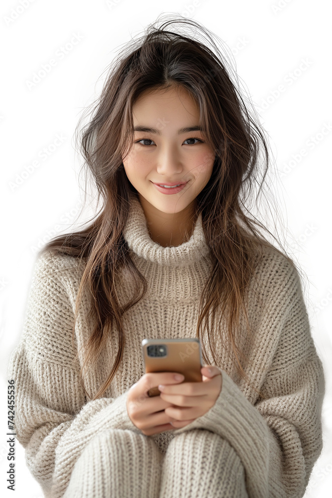 Attractive smiling Asian woman using mobile phone isolated on white. Attractive smiling Asian woman using mobile phone isolated on white.