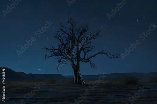 Barren tree standing alone against desert backdrop at night - video. Concept Landscape Photography, Night Sky, Lone Tree, Barren Environment, Desert Scenery © Anastasiia