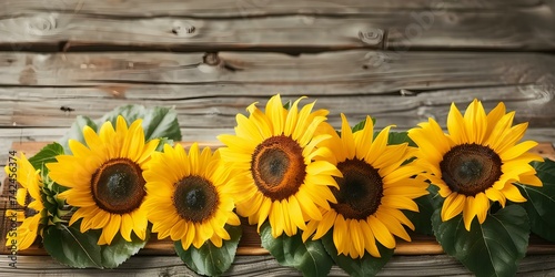Sunflowers Lined on Rustic Wood