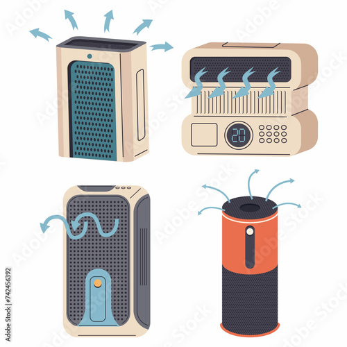 Air purifiers vector cartoon set isolated on a white background.