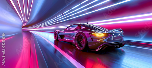 A sleek electric car gliding through a neon-lit tunnel