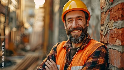 A cheerful bricklayer at a building site is shown in this portrait. Happy bricklayer wearing a helmet and safety vest. photo