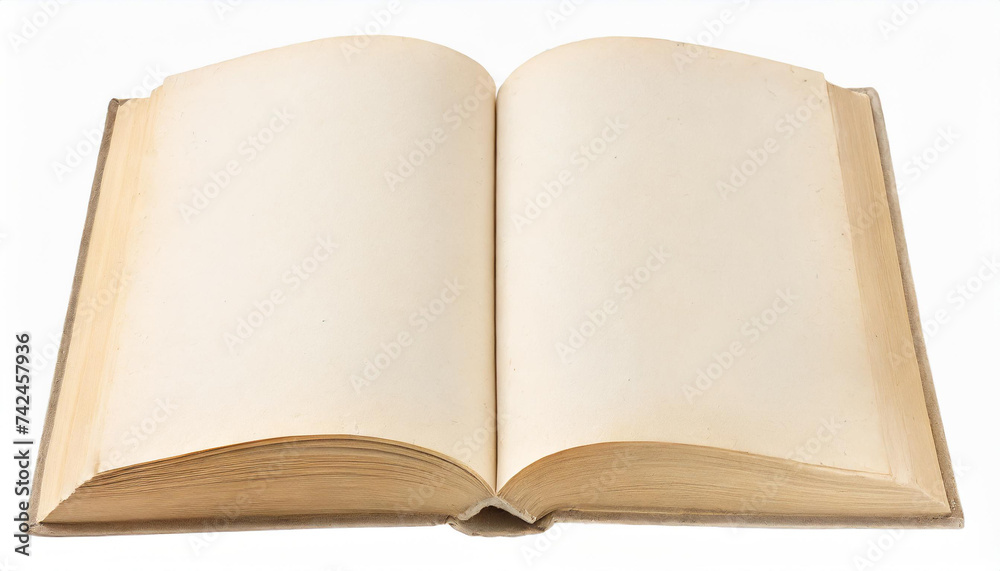 Old blank book open isolated. Used paper texture, cinematic light Old blank book open isolated. Used paper texture, cinematic light