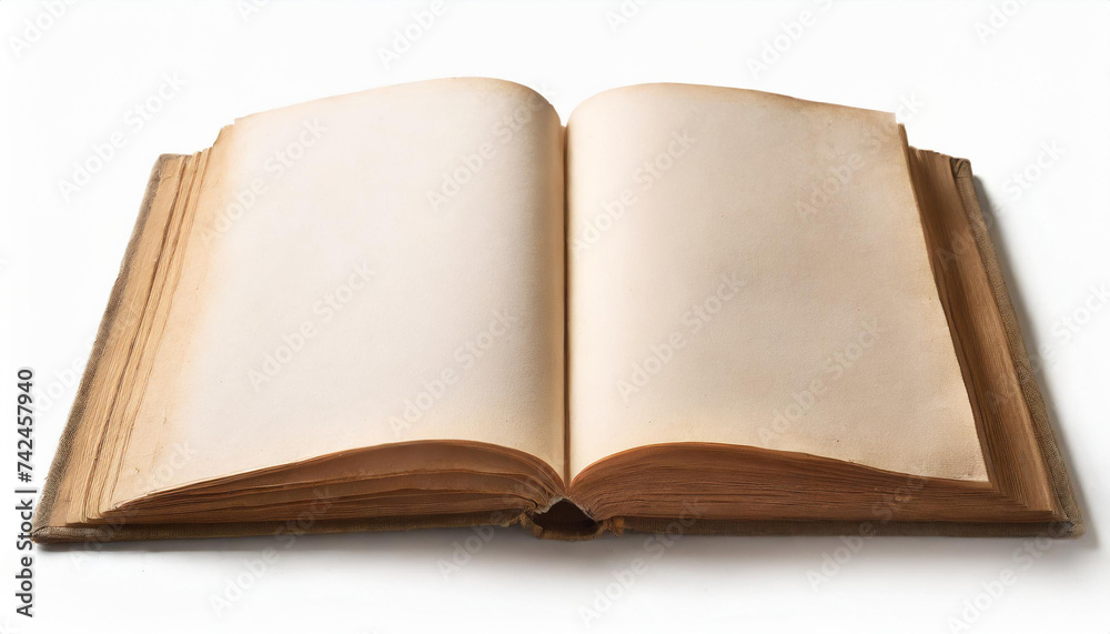 Old blank book open isolated. Used paper texture, cinematic light Old blank book open isolated. Used paper texture, cinematic light