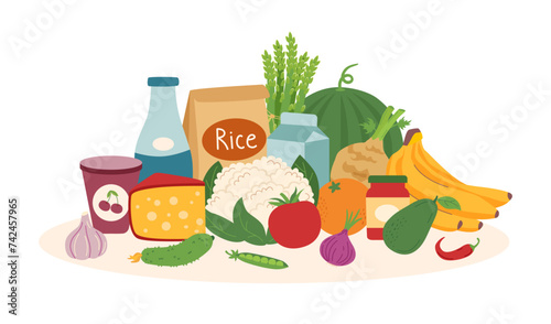 Set of healthy food in flat style isolated on white background. Shopping concept. Supermarket. 