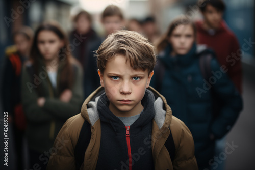 A boy of about 7 years old at school looking with an aggressive and threatening attitude at another classmate whom he is going to hit photo